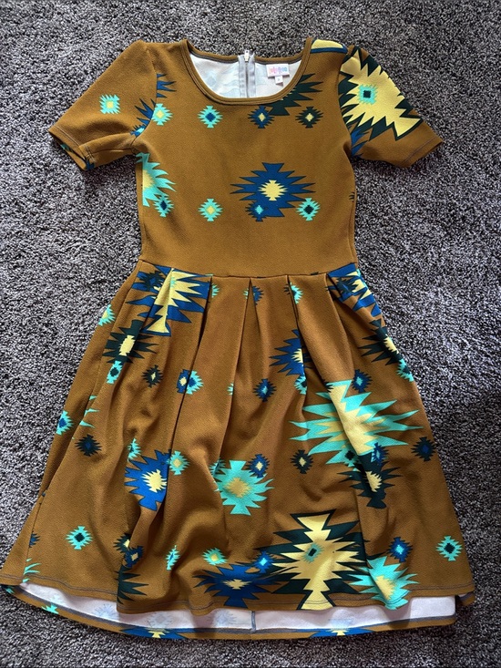 LuLaRoe Dresses & Skirts - LuLaRoe Mustard Dress with Turquoise and Navy Aztec Print